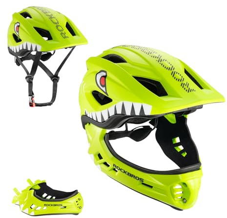 ROCKBROS Casco Integrale Bici Bambino con Mento Staccabile, Caschetto MTB per Bambini Ragazzi Bimbi Protezione Sicurezza per Bicicletta BMX Skateboard Scooter, Regolabile S 48-52cm, Verde