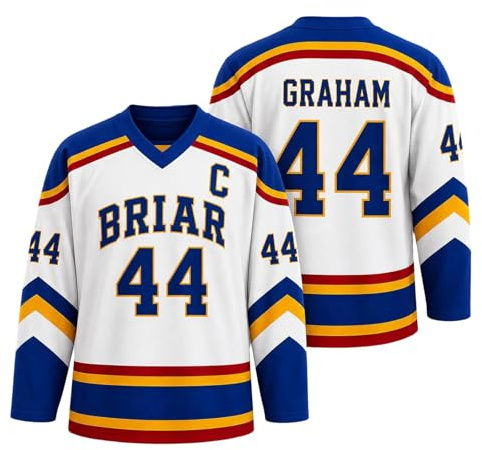 Maillot De Hockey Grahams 44 Col V Sweatshirt Universitaire Uniforme de Hockey sur Glace Comfort Casual T-Shirt Manches Longues Sport Training Clothing pour Les Fans Blanc M