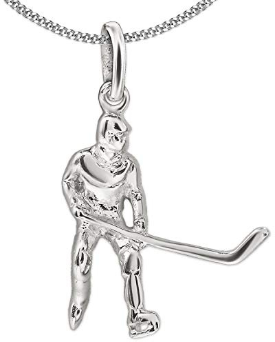 CLEVER SCHMUCK Collana con ciondolo giocatore di hockey su ghiaccio, 17 x 19 mm, 3D e catena lucida, 45 cm, in argento Sterling 925, con custodia blu