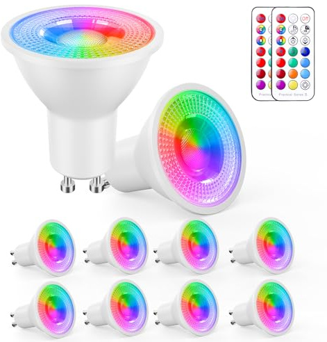 YAYZA! Bombillas Gu10 LED Blanco Frio 6W 6000k(Equivalente 50W Bombilla LED), Regulable Focos Gu10 450 Lúmenes, RGB 12 Colores, 5 Modos, Control por inteligente mando, Para el Hogar, Bar(8 PCS)