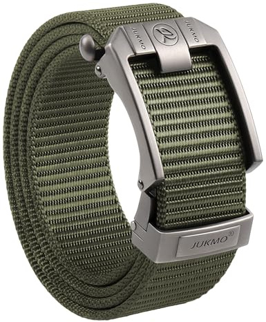 JUKMO Ratchet Belt for Men, Nylon Web Tactical Belt with Automatic Slide Buckle, Adjustable Trim to Fit (Green, For Waist 40-52 (Length 59))