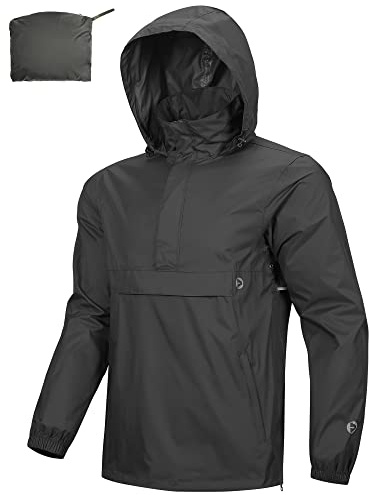Outdoor Ventures Regnjacka för män vattentät tröja med huva packbar reflekterande jacka lätt cykel vindjacka andningsaktiv softshelljacka för vandring löpning utomhus, svart, XXL