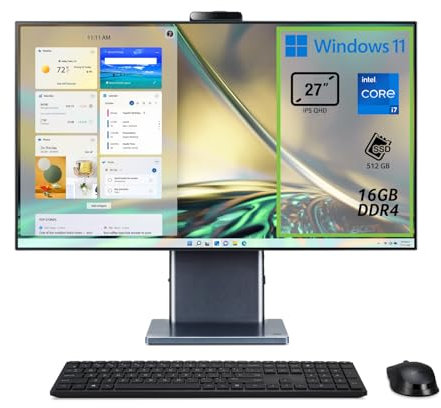 Acer Aspire S27-1755 Computer Fisso All in One, Pc Desktop, Processore Intel Core i7-1260P, Ram 16 GB DDR4, 512 GB SSD, Display 27 IPS QHD LCD, Intel Iris Xe Eligible, Wifi, Webcam, Windows 11 Home