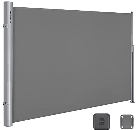 SONGMICS Tenda laterale in alluminio estensibile 160 x 400 cm, frangivista, protezione solare, oscurante, tenda laterale, per balcone, terrazza, giardino, grigio GSA164G03
