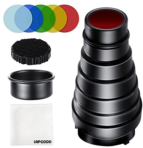 Lapgood Kit de Snoot Conique en Alliage d'aluminium avec 5 Filtres en Gel de Couleur et Grille en Nid d'abeille pour Monture Bowens,Stroboscope de Studio,Clair de Lune,Flash (Snoot02)