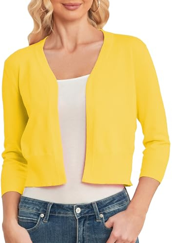 CUNYI 3/4 Sleeve Cardigan for Women UK Ladies Open Front Bolero Lightweight Short Shrug Vneck Elegant, Yellow XL