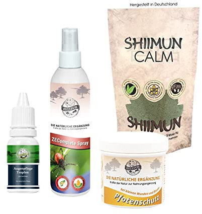 Bellfor Sommerurlaub Sparset für Hunde – Shiimun Calm Ergänzungsfuttermittel 50 g, ZEComplete Pflegespray 100 ml, Pfotenschutz Salbe 110 ml & Augenpflege Tropfen 30 ml
