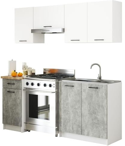 AKORD | Conjunto de Muebles de Cocina Oliwia | Completa Pequeña | Mueble Modular | A Medida 180 cm | Modulares Pequeñas | Blanco y Hormigón Frente