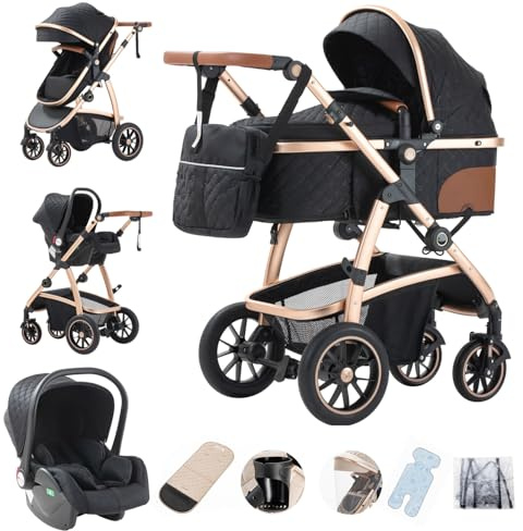 Gcarebb Cochecito 3 en 1, Cochecitos con asiento de coche, cochecito con mango ajustable en altura, cochecitos combinados de paisaje alto marco de aluminio adecuado para 0-4 años
