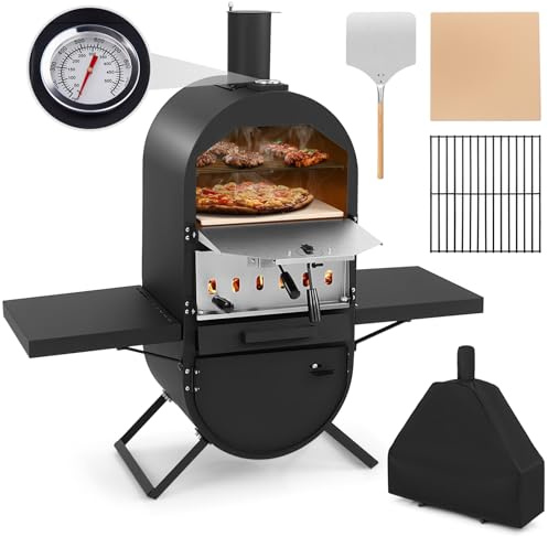 COSTWAY Horno para Pizza Exterior, 2 Capas, Horno de Leña con Cubierta de Tela Oxford, Piedra para Pizza 31 CM, Pala para Pizza y Parrilla de Cocina, Termómetro, Horno Portatil Camping