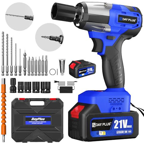 Yiyai 550NM - Avvitatore a percussione a batteria senza spazzole, 3400 RPM chiave elettrica con 16 accessori, avvitatore a percussione elettrico 3 in 1 per trapano/viti/chiavi inglesi (2 x 4000 mAh)