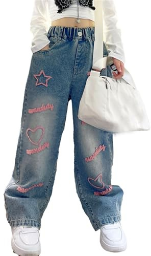 Baggy jeans flickor vida ben jeans med elastiskt band hög midja elastiska utsvängda byxor långa jeans cargobyxor Y2K jeans flickor mode hip hop byxor för barn/tonåringar, blå, 9-10 år