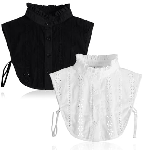 YAUOIPI 2 Pieces Women's Detachable Collar Jacquard Faux Collar,Black White Lace Women's Blouses & Shirts,Detachable Shirts Blouse Top with Adjustable elastic Band Versatile Decorative((2 PCS)