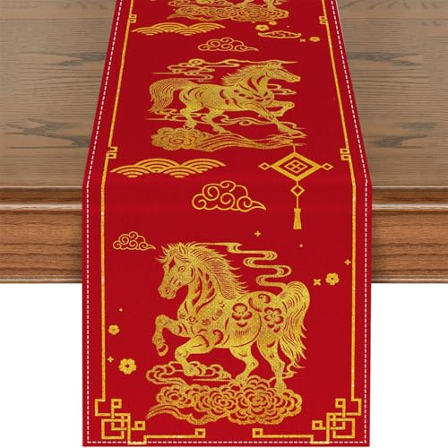 Celblisora Chemin de Table avec Signe du Zodiaque Chinois Cheval 2026, Bonne année, Fête du Printemps, Noël, Hiver, Cuisine, Salle à Manger, Décoration pour la Maison, Fête, 33 x 183 cm