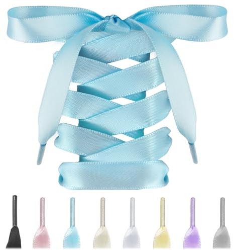 Lacesgian 1cm Flat Satin Ribbon Shoe Laces for Trainers Sneakers, Blue 63in