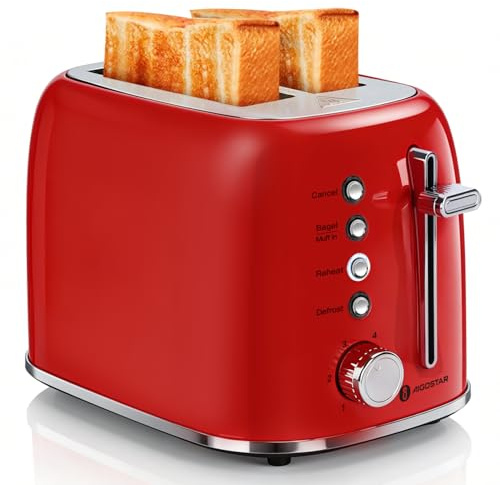 Aigostar Tostadora Retro, 2 Ranuras Corta Extra Anchas de 4 cm, Programa Especial Bagels, Descongelar, Recalentar y Cancelar, 6 Niveles de Tostado, Diseño Vintage en Rojo, Acero Inoxidable, 800 W