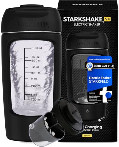 STARKSHAKE V4 – eccellente come miglior shaker elettrico della F.A.Z.-Verlag (2025) | Shaker di proteine elettrico per frullati di proteine | 8000 UPM | USB-C | 120+ frullati | incluso STARKPOD | nero