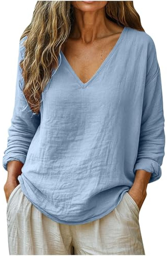 Camiseta Lino Mujer Color Liso Manga Larga Cuello En V - Moda Mujer 2026 Primavera Verano, Blusa Casual Basica Calle Camiseta Anchos Vintage Único Elegante