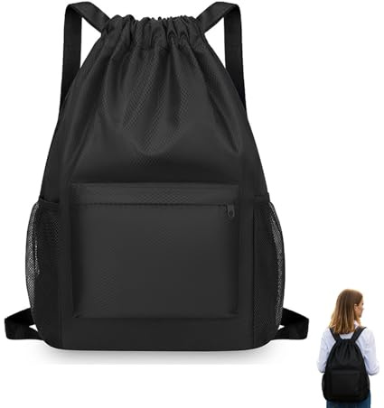 Foonary Bolsa de deporte con cordón, bolsa de deporte impermeable de gran capacidad, bolsa de deporte con cordón, bolsa de deporte negra para hombre y mujer, para deporte, uso diario, viajes, salidas