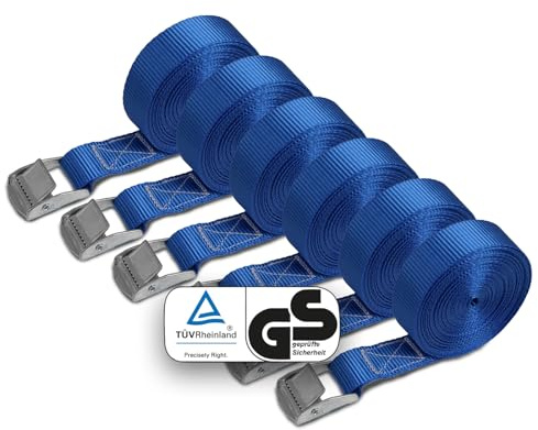 BB Sport Spännband Spännrem Remmar Spänne Blå 250 kg 6 stycken 2,5cm x 6m | Spännremmar, TÜV, Buckle Strap, Moving Straps, Klämband, Fästrem, Lastsäkring, Släpvagn, DIN EN 12195-2, Polyester