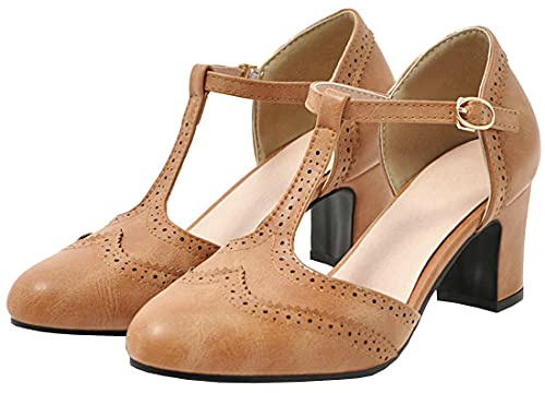 Etebella Damen Brogue Pumps mit Blockabsatz T Spangen High Heels Sandalen Vintage Mary Jane Schuhe(Hellbraun,40)