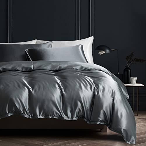 Damier Ropa de cama de 200 x 200 cm, satén gris oscuro, antracita, gris, satinado, juego de ropa de cama de 3 piezas, funda de edredón con cremallera y 2 fundas de almohada de 80 x 80 cm