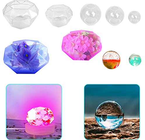 AFUNTA 5 st silikonformar i harts, 3D-diamant, hartsform, sfär, epoxihartsform, klar silikonbollform med USB-driven upplyst basstativ, för gör-det-själv-smyckestillverkning, hartshantverk