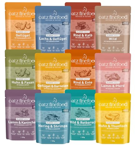 catz finefood Classic Collection mixpaket kattmat våt – fin mat våtfoder för din katt utan spannmål och socker med hög kötthalt, 24 x 85 g påsar