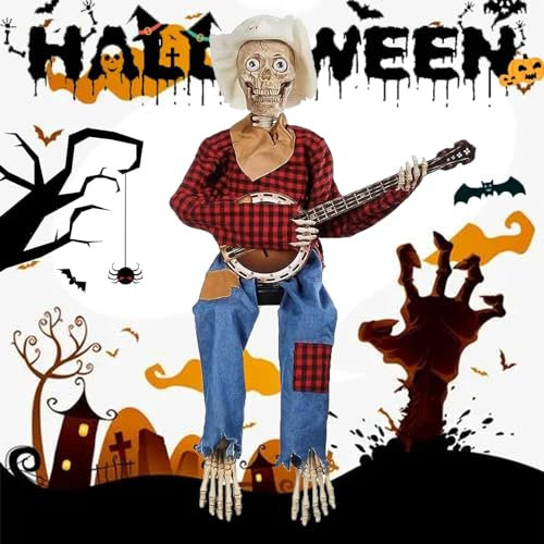 Mikqky Halloween-Banjo-Schädel, Ornament, Gruseliges Skelett, Cowboy-Banjo-Schädel, Totenkopfdekorationen, Für Halloween-Partys, Spukhäuser, 15,7 x 3,9 x 1,8 Zoll(Rot)