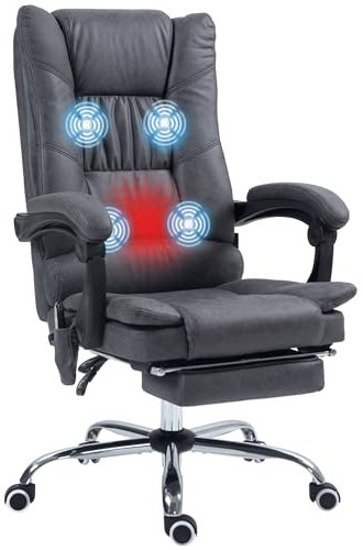 Vinsetto Bürostuhl mit Vibrationsmassage Ergonomischer Chefsessel mit Lendenwärmer, Liegefunktion, Fußstütze, Höhenverstellbar Schreibtischstuhl aus Mikrofaser, Drehstuhl mit Seitentasche, Dunkelgrau