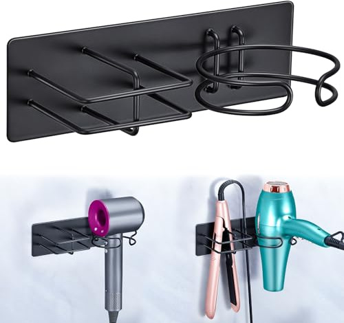 XILIMEN Hair Dryer and Straightener Holder Wall Mounted, Self Adhesive Blow Dryer and Flat Iron Storage Hair Tool Organizer for Bathroom Vanity (Black)