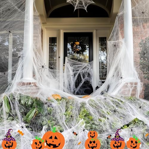 Halloween Spinnennetz Deko, 2024 Neu Halloween Spinnweben Dekorationen Schrecklich Spinnennetz für Halloween Party Haus Spukhaus 240 g Spinnennetz und 70 Simulierte Spinne, Weiß
