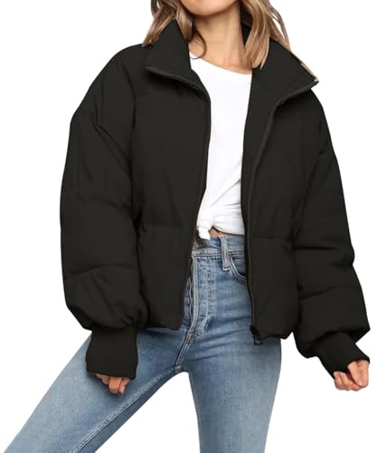 SXGYH Women’s Winter Cropped Puffer Jacket Coat Casual Quilted Baggy Long Sleeve Zip Down Jackets Outerwear (US, Alpha, Large, Regular, Regular, Black)