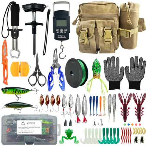 L PATTERN 63 PCS Angelzubehör Set Komplett Profi Koffer, Angelzubehör Set Enthält Multifunktionale Angelzange Set, Angelschnur, Wobblers, Angelzubehör, Angelköder Set, Anti-Rutsch-Handschuh