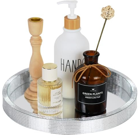 LuHeToz Plateau miroir décoratif rond avec bordure en verre mosaïque Argenté 29 cm