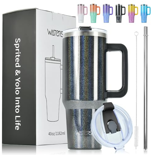 WATERSY Travel Mug Coffee Cup 40oz Tumbler Straw Lid and Handle, Stainless Steel Double Wall Vacuum Insulated Coffee Water Bottle Thermal for Cold Hot Coffee 1182ml Shiny Black