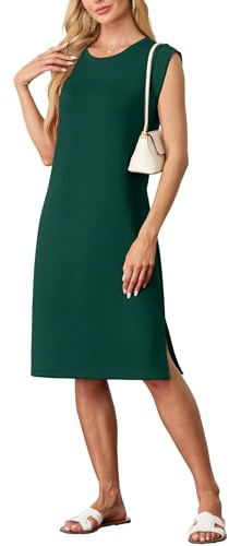 GRECERELLE Womens Summer Midi Dress 2025 Casual Crew Neck Shirt Dresses Elegant Wrinkle-Free Sleeveless Dresses for Women UK with Split and Pockets