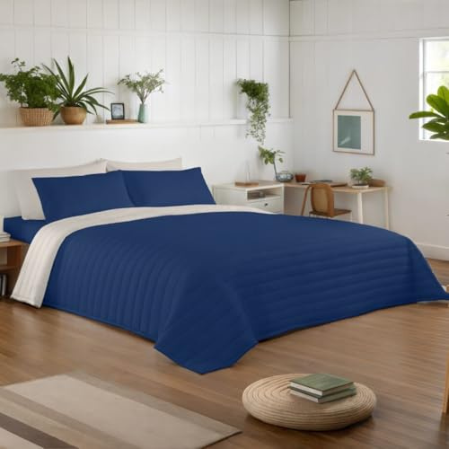 NATURALS - Colcha Bouti Reversible Bicolor | Cama 90/105 (180x260 cm) | Microfibra Extrasuave | Cubrecama Acolchado a Líneas | Ideal Primavera y Verano | Azul/Piedra