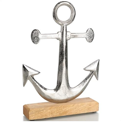 com-four® Deko Aufsteller Anker - Deko Schiffsanker aus Metall auf Mangoholz-Sockel - Maritimer Metall-Anker zum Hinstellen und Dekorieren (silberfarben/braun Anker - 1 Stück)