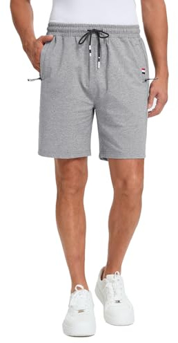 FGFD&OU Pantalón Corto Hombre Algodón Pantalones Cortos Deportivo para Correr Deporte Yoga Tiempo Libre, Bermuda de Elásticos Transpirable con Bolsillos Cremallera (Gris Claro, M)