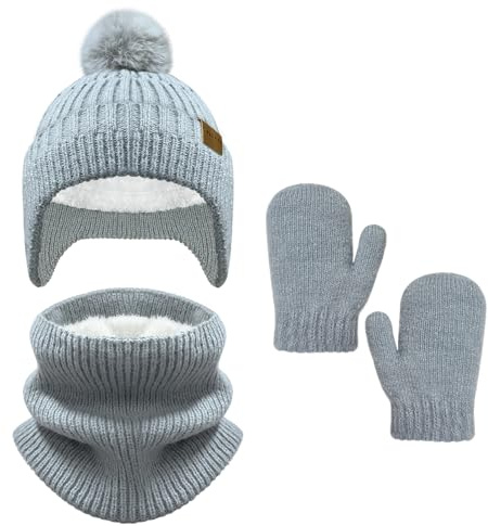 Bseical Mütze Schal Handschuhe Set Jungen, Wintermütze Kinder, Mütze und Loop Set Jungen, Handschuhe Kinder, Fleecefutter Warme Knit für 2-8 Jahre (grau)