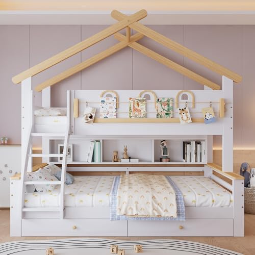 Moimhear Letto a castello, due cassetti con ruote, squisito guardrail decorativo e design del tetto, scale inclinate a quattro piani, pino + MDF, bianco+naturale, 90 x 200 cm e 120 x 200 cm