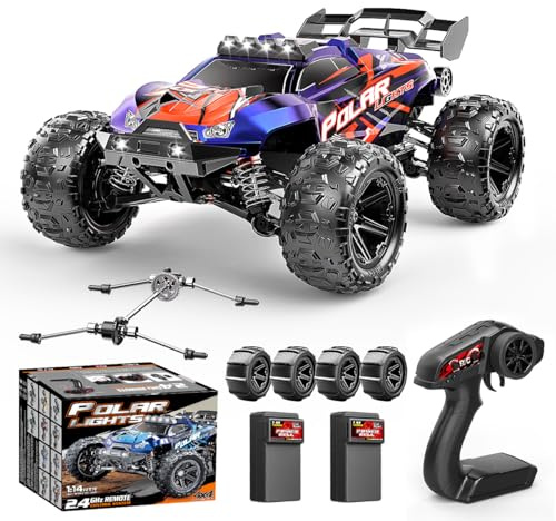 Cirmine Voiture Télécommandée Adulte 1:14 2.4GHz Tout-Terrain Off-Road, Voiture RC 4WD Haute Vitesse 40 km/h, Véhicule RC 4x4 Étanche avec 2 Batteries Rechargeables 1300mAh et 2 Jeux de Pneus
