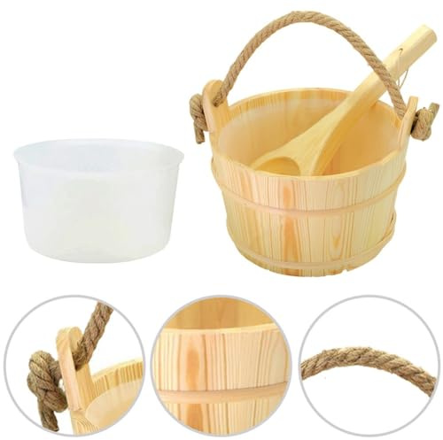 UTTASU Seau de sauna et louche en bois d'épicéa avec doublure en plastique et poignée en corde Capacité 6 l