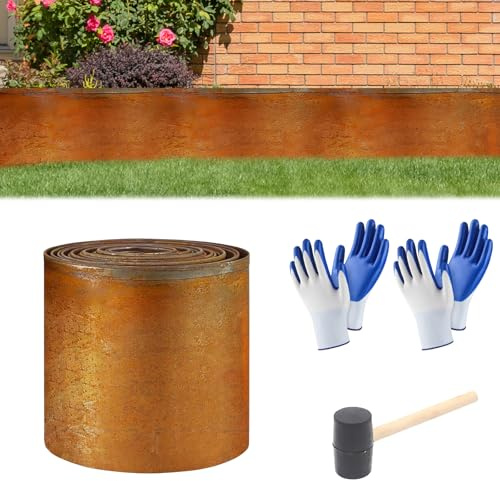 Cortenstål gräskant, Aartner gräskant av cortenstål, 15 cm hög, rabattkant metall med 2 par handskar, liten hammare, rabattkant med rost (rak, 10 m x 15 cm)