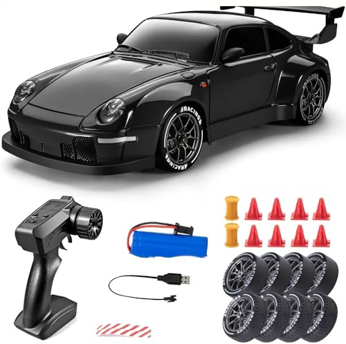 RC Drift Car, 1:24 Scale Remote Control Vehicle with LED Lights, 2.4GHz 4WD High Speed RC Cars, Drifting Tires＆Two Speed Modes, Racing Sports Toy Gift for Adults Boys Girls (Black)