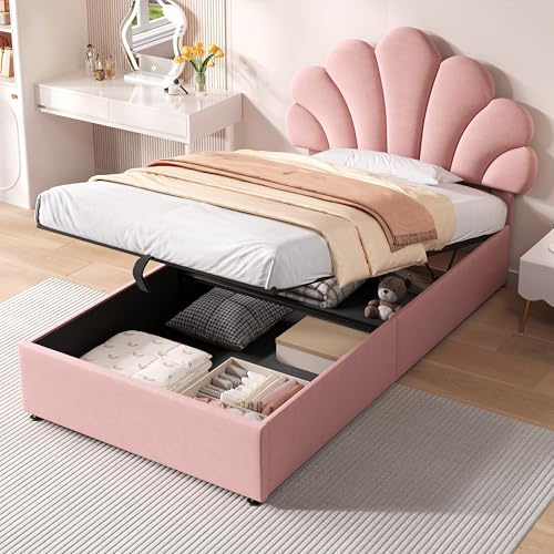 Miyemo Single Bed Frame with Storage, 3ft Upholstered Ottoman Bed Frame with Adjustable Headboard & Hydraulic, No Box Spring Needed, Velvet, 90x190cm, Pink, (No Mattress)