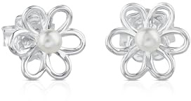 TOUS Pendientes de Plata de Primera Ley para Mujer con Motivo Flor de 1.1 cm y Perlas con Cierre de Presión, Elegante y Simple, Colección Maggie