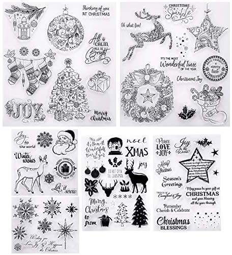 6 Sheets Christmas Themed Clear Stamps Different Style Silicone Stamps with Snowflake Santa Deer Tree for Card Making Decoration and DIY Scrapbooking