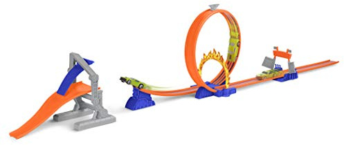 Driven by Battat Stunt Jump Extreme, Stunt-Spielset mit Rückziehauto | 16-teiliges Rennbahn-Spielset mit Rückziehauto, Starttor, Schleife, Flammenelement, Sprungrampe und Landerampe, 3+ Jahre